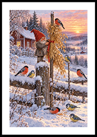 Un Papá Noel y unos pajaritos de colores se encuentran en un paisaje invernal nevado al amanecer.-0