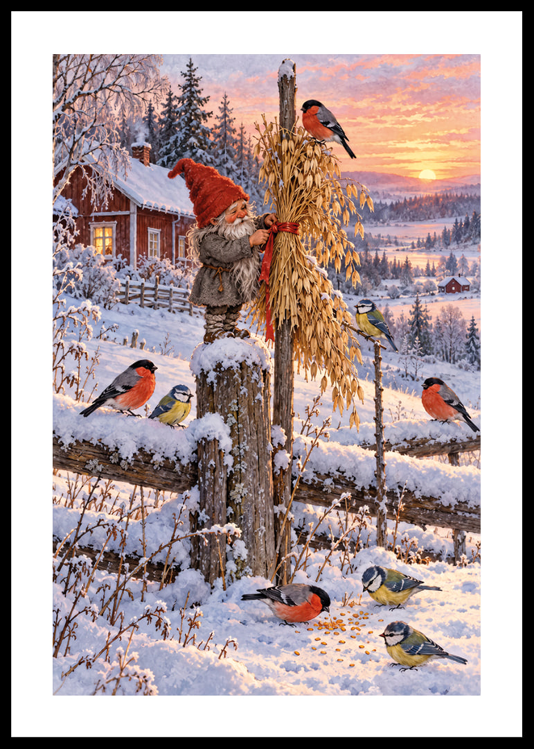 Un Papá Noel y unos pajaritos de colores se encuentran en un paisaje invernal nevado al amanecer.-12