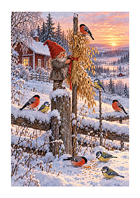 Un Papá Noel y unos pajaritos de colores se encuentran en un paisaje invernal nevado al amanecer.-1