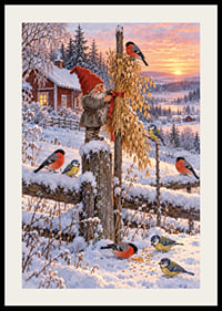 Un Papá Noel y unos pajaritos de colores se encuentran en un paisaje invernal nevado al amanecer.-2