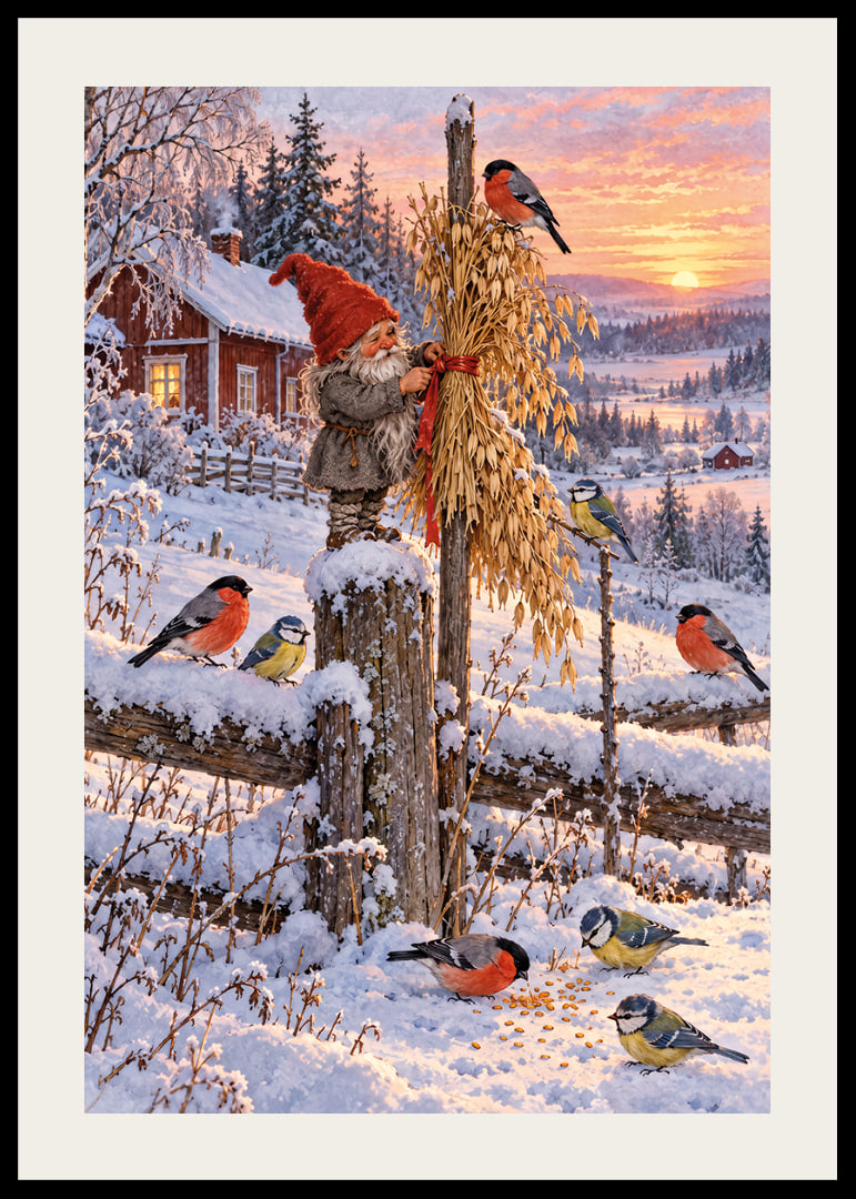 Un Papá Noel y unos pajaritos de colores se encuentran en un paisaje invernal nevado al amanecer.-12