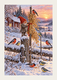 Un Papá Noel y unos pajaritos de colores se encuentran en un paisaje invernal nevado al amanecer.-3