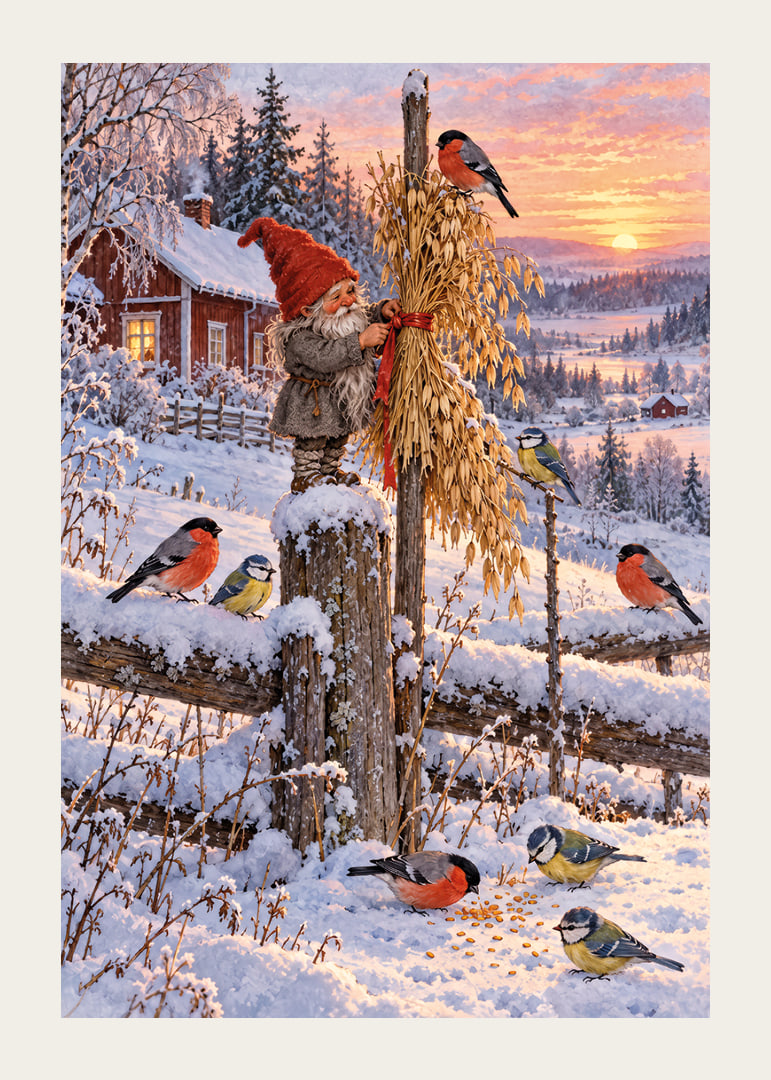 Un Papá Noel y unos pajaritos de colores se encuentran en un paisaje invernal nevado al amanecer.-12
