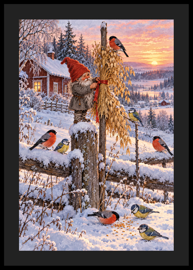 Un Papá Noel y unos pajaritos de colores se encuentran en un paisaje invernal nevado al amanecer.-12