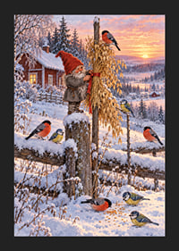 Un Papá Noel y unos pajaritos de colores se encuentran en un paisaje invernal nevado al amanecer.-5