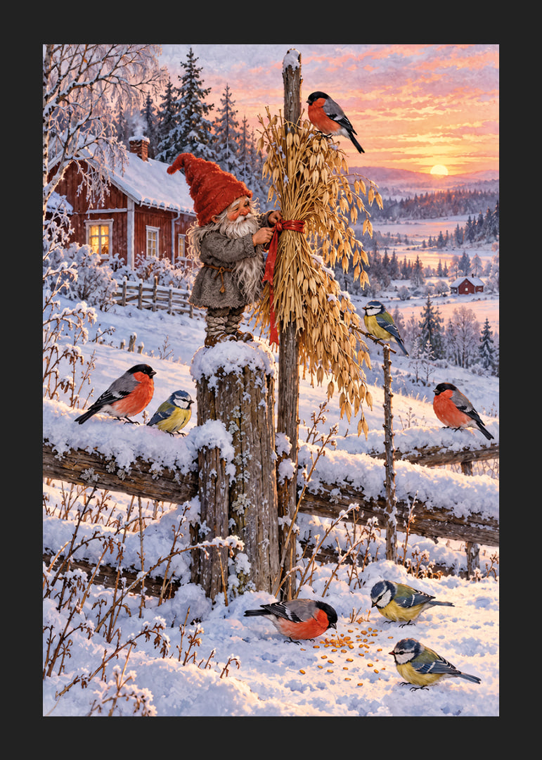 Un Papá Noel y unos pajaritos de colores se encuentran en un paisaje invernal nevado al amanecer.-12