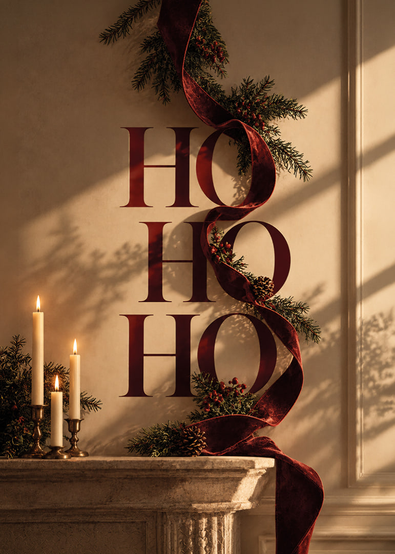 Elegante motivo navideño con cinta de terciopelo color burdeos, ramas de abeto y velas.-12