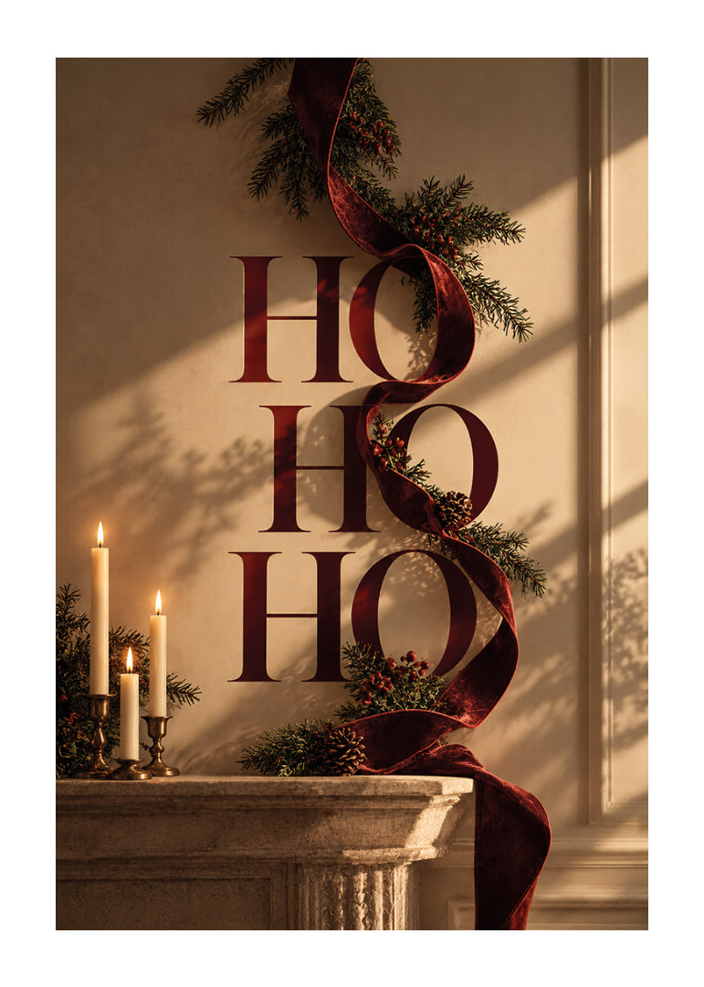Elegante motivo navideño con cinta de terciopelo color burdeos, ramas de abeto y velas.-12