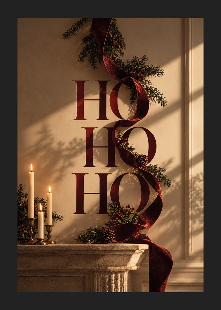 Elegante motivo navideño con cinta de terciopelo color burdeos, ramas de abeto y velas.-12