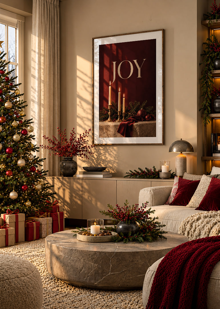Las velas, las ramas de abeto y los detalles en terciopelo rojo crean un cálido ambiente navideño.-12