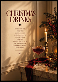 Cartel navideño con ambiente festivo, con bebidas invernales, velas y tonos rojo intenso.-6