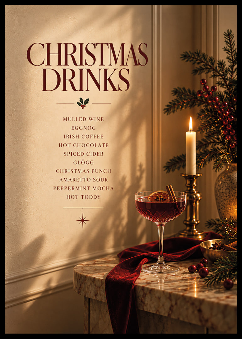 Cartel navideño con ambiente festivo, con bebidas invernales, velas y tonos rojo intenso.-12
