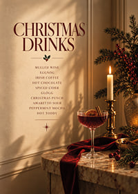 Cartel navideño con ambiente festivo, con bebidas invernales, velas y tonos rojo intenso.-7