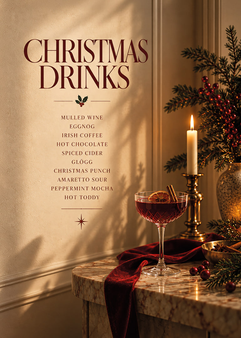 Cartel navideño con ambiente festivo, con bebidas invernales, velas y tonos rojo intenso.-12