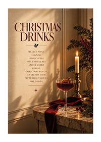 Cartel navideño con ambiente festivo, con bebidas invernales, velas y tonos rojo intenso.-1