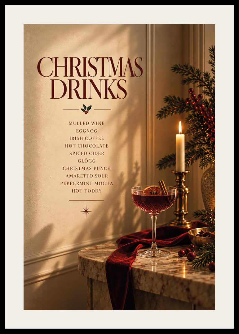 Cartel navideño con ambiente festivo, con bebidas invernales, velas y tonos rojo intenso.-12