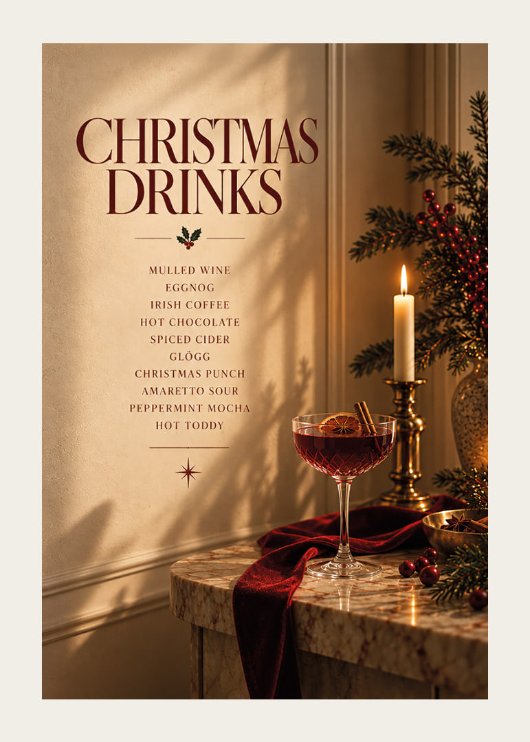Cartel navideño con ambiente festivo, con bebidas invernales, velas y tonos rojo intenso.-12