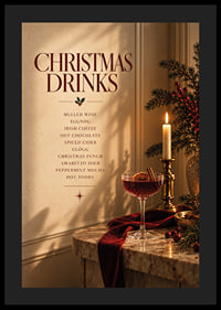 Cartel navideño con ambiente festivo, con bebidas invernales, velas y tonos rojo intenso.-4