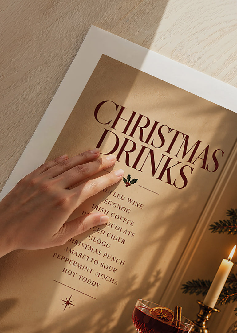 Cartel navideño con ambiente festivo, con bebidas invernales, velas y tonos rojo intenso.-12