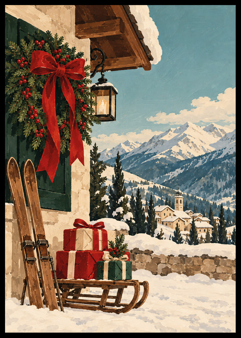 Una cabaña alpina decorada para la Navidad, esquís y regalos se encuentran con un paisaje montañoso cubierto de nieve.-12