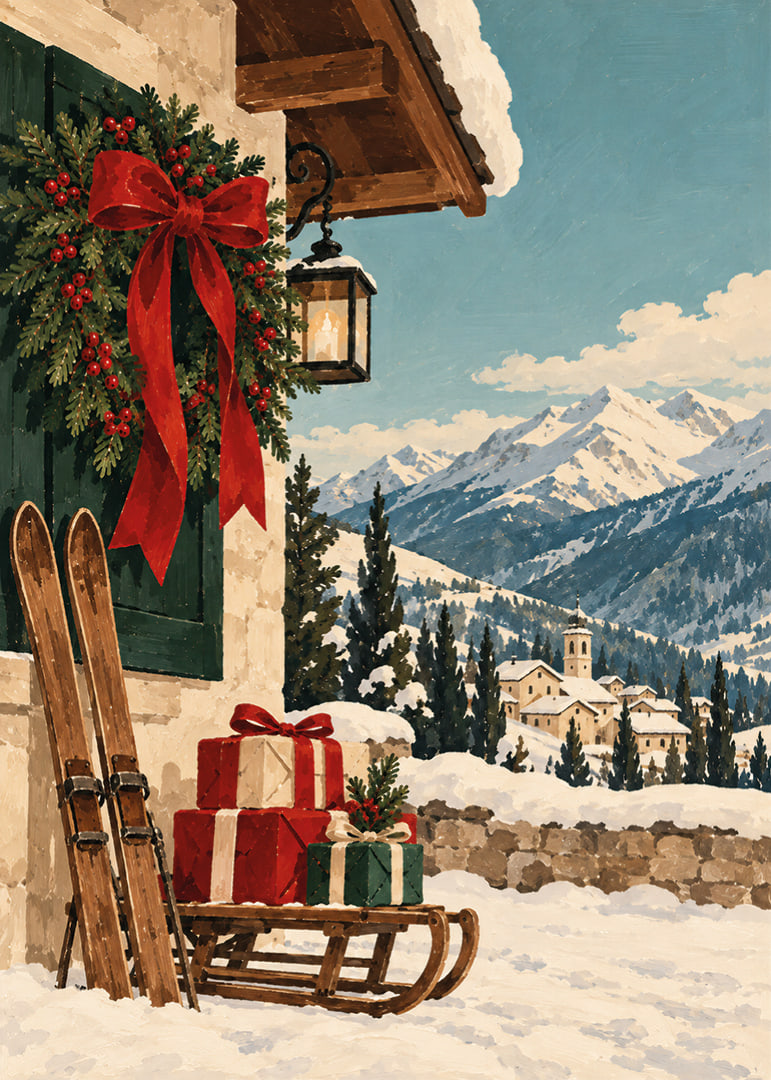 Una cabaña alpina decorada para la Navidad, esquís y regalos se encuentran con un paisaje montañoso cubierto de nieve.-12