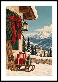 Una cabaña alpina decorada para la Navidad, esquís y regalos se encuentran con un paisaje montañoso cubierto de nieve.-0