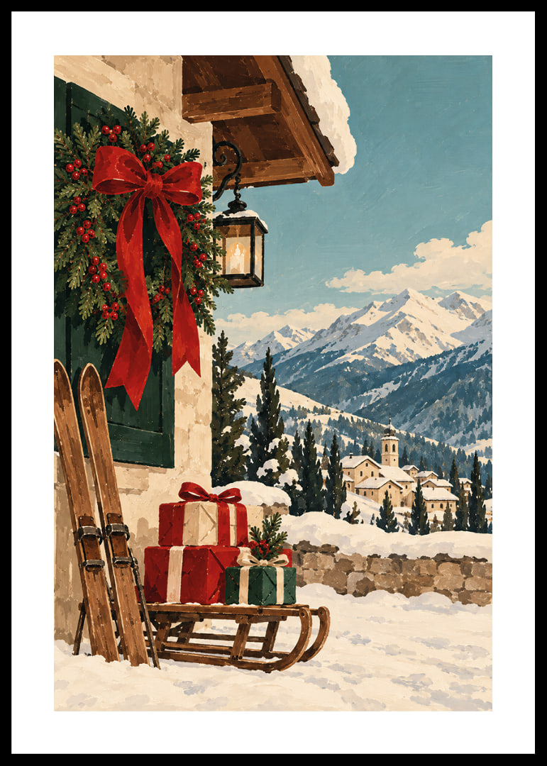 Una cabaña alpina decorada para la Navidad, esquís y regalos se encuentran con un paisaje montañoso cubierto de nieve.-12