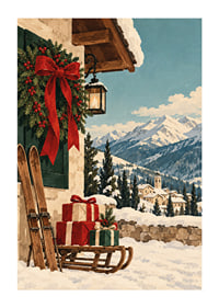 Una cabaña alpina decorada para la Navidad, esquís y regalos se encuentran con un paisaje montañoso cubierto de nieve.-1