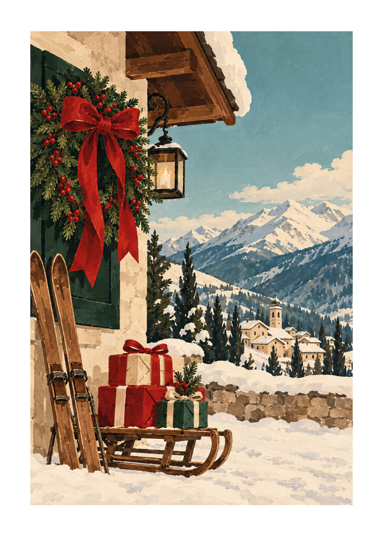 Una cabaña alpina decorada para la Navidad, esquís y regalos se encuentran con un paisaje montañoso cubierto de nieve.-12