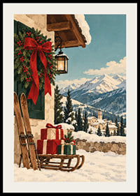 Una cabaña alpina decorada para la Navidad, esquís y regalos se encuentran con un paisaje montañoso cubierto de nieve.-2