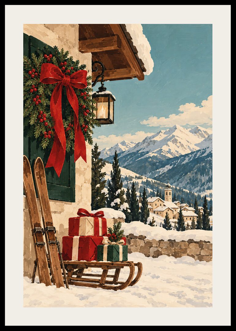 Una cabaña alpina decorada para la Navidad, esquís y regalos se encuentran con un paisaje montañoso cubierto de nieve.-12