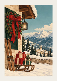 Una cabaña alpina decorada para la Navidad, esquís y regalos se encuentran con un paisaje montañoso cubierto de nieve.-3