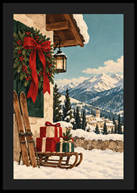 Una cabaña alpina decorada para la Navidad, esquís y regalos se encuentran con un paisaje montañoso cubierto de nieve.-4