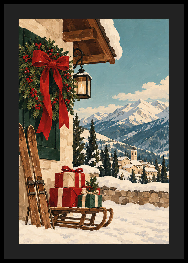 Una cabaña alpina decorada para la Navidad, esquís y regalos se encuentran con un paisaje montañoso cubierto de nieve.-12