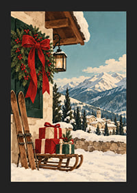 Una cabaña alpina decorada para la Navidad, esquís y regalos se encuentran con un paisaje montañoso cubierto de nieve.-5
