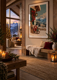 Una cabaña alpina decorada para la Navidad, esquís y regalos se encuentran con un paisaje montañoso cubierto de nieve.-8