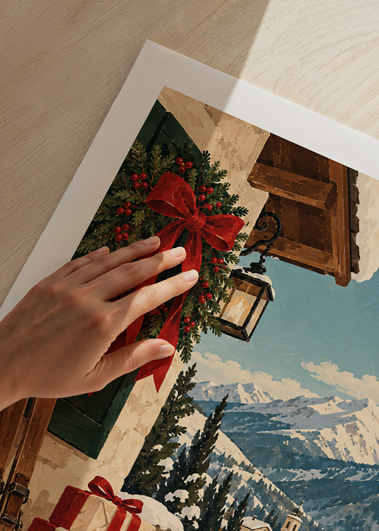 Una cabaña alpina decorada para la Navidad, esquís y regalos se encuentran con un paisaje montañoso cubierto de nieve.-12