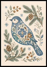Un pájaro azul con un estampado floral está rodeado de ramitas invernales, piñas y copos de nieve.-6