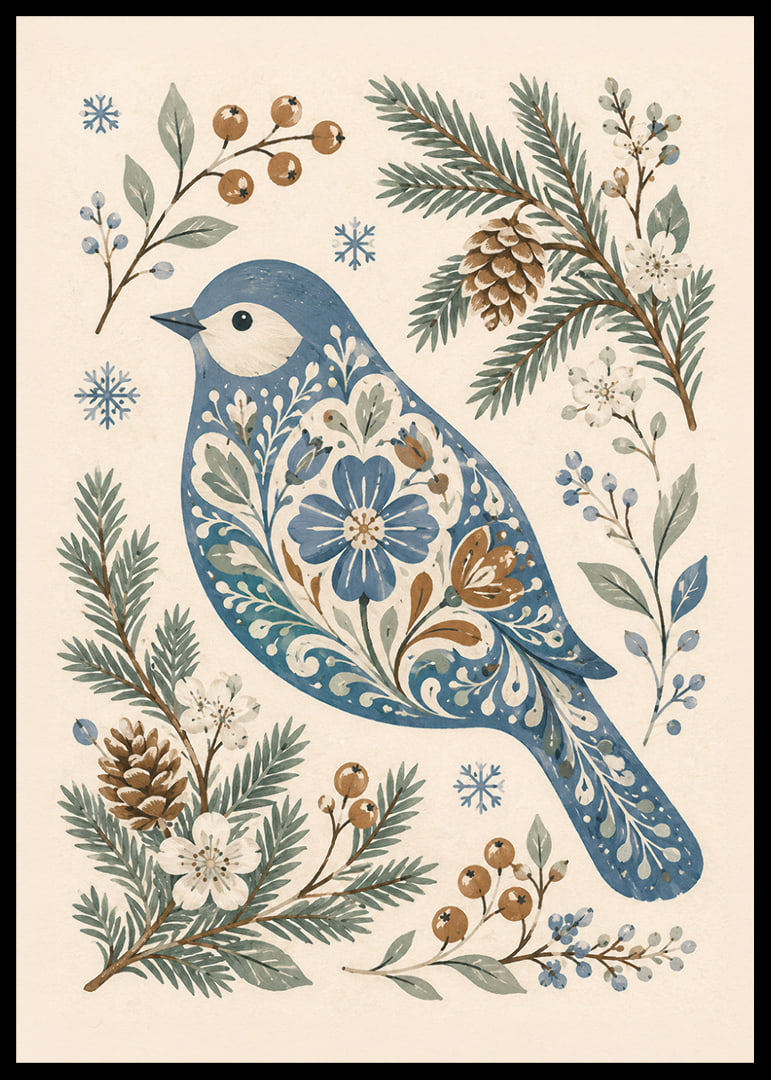 Un pájaro azul con un estampado floral está rodeado de ramitas invernales, piñas y copos de nieve.-12