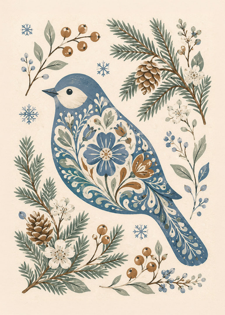 Un pájaro azul con un estampado floral está rodeado de ramitas invernales, piñas y copos de nieve.-12