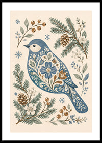 Un pájaro azul con un estampado floral está rodeado de ramitas invernales, piñas y copos de nieve.-0