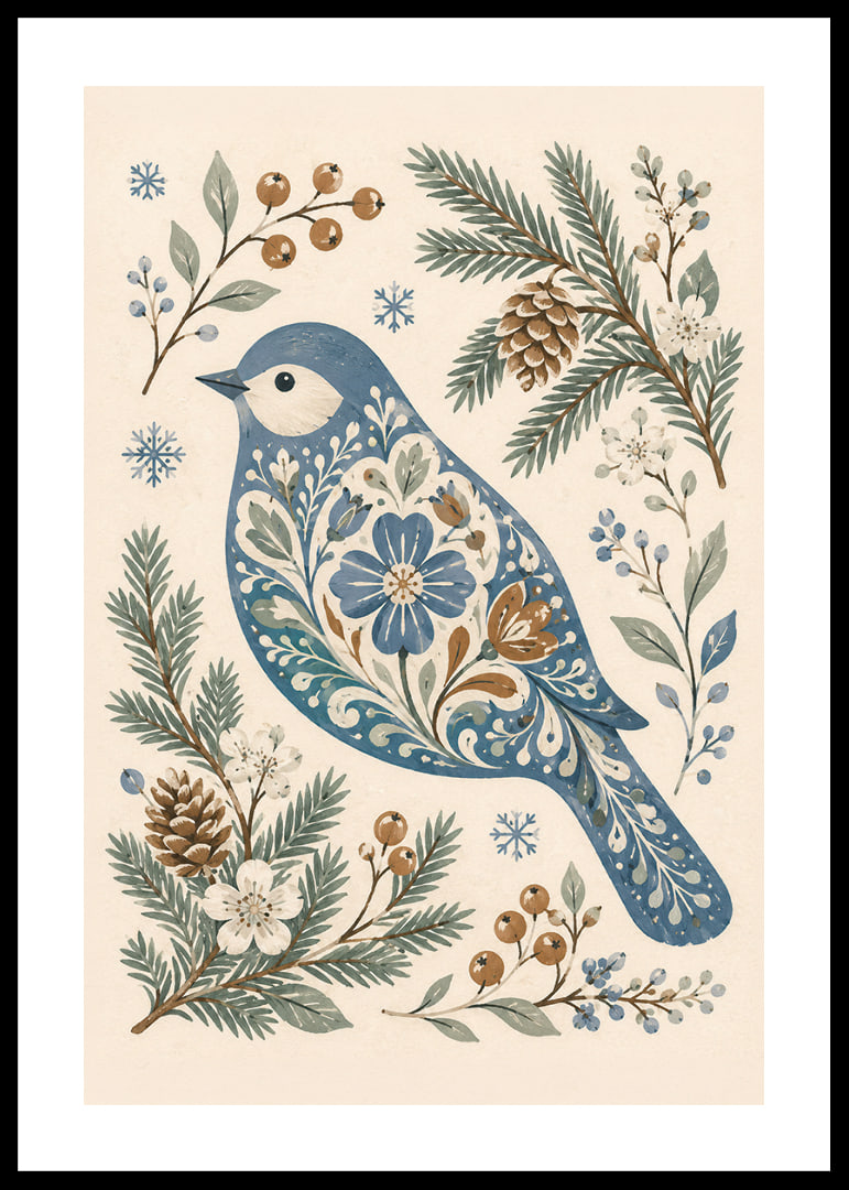 Un pájaro azul con un estampado floral está rodeado de ramitas invernales, piñas y copos de nieve.-12