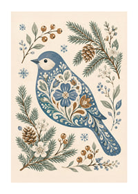 Un pájaro azul con un estampado floral está rodeado de ramitas invernales, piñas y copos de nieve.-1