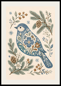Un pájaro azul con un estampado floral está rodeado de ramitas invernales, piñas y copos de nieve.-2