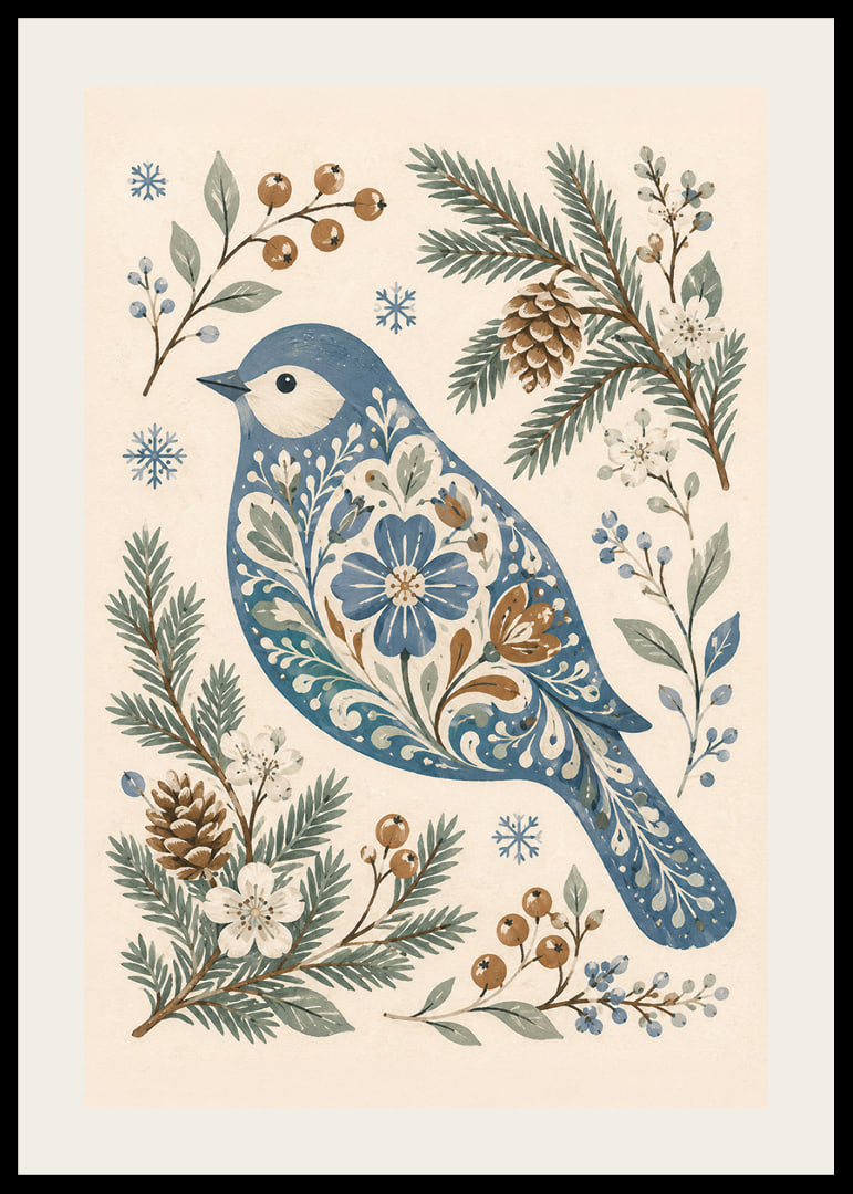 Un pájaro azul con un estampado floral está rodeado de ramitas invernales, piñas y copos de nieve.-12