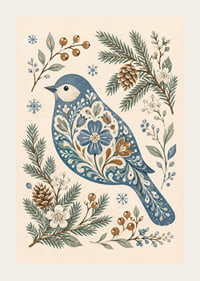 Un pájaro azul con un estampado floral está rodeado de ramitas invernales, piñas y copos de nieve.-3