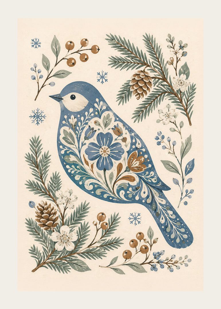 Un pájaro azul con un estampado floral está rodeado de ramitas invernales, piñas y copos de nieve.-12