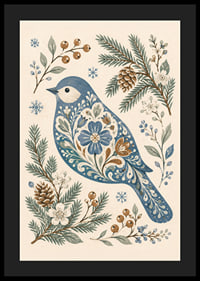 Un pájaro azul con un estampado floral está rodeado de ramitas invernales, piñas y copos de nieve.-4