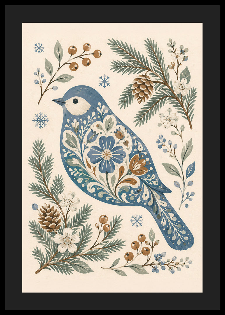 Un pájaro azul con un estampado floral está rodeado de ramitas invernales, piñas y copos de nieve.-12