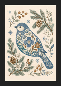 Un pájaro azul con un estampado floral está rodeado de ramitas invernales, piñas y copos de nieve.-5